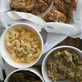 Greens, dressing, Mac and cheese, baked wings