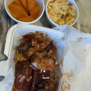 BBQ wings, Mac  n cheese, yams