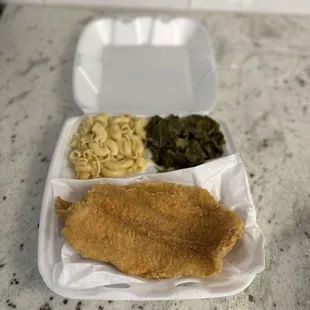 Catfish, greens &amp; Mac n Cheese