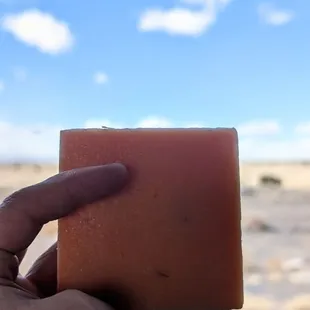 Lillie&apos;s Handmade Soaps&apos; New Mexico Mango Salsa bar soap ft. New Mexico scenery &amp; cornflower sky in the background