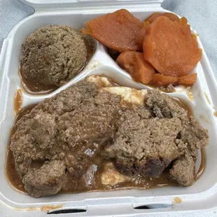 Meatloaf, mashed potatoes, yams, cornbread stuffing