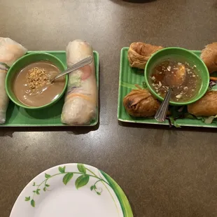 Lilly&apos;s Rolls (shrimp, Vietnamese ham, avocado, strawberry, lettuce, vermicelli &amp; served with peanut sauce - $6.95) &amp; Crispy Egg Rolls
