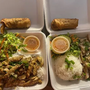 Bun lemongrass chicken, Rice grilled chicken, and egg rolls.