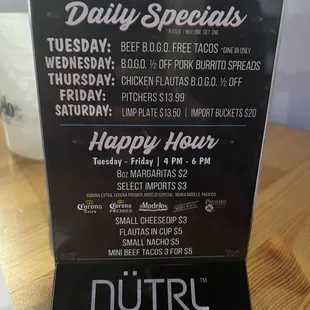Happy hour and daily specials