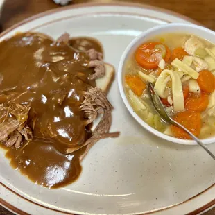 1/2 Soup and sandwich, Chicken noodle and a lily's hot beef