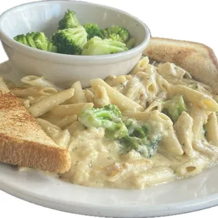 Chicken Alfredo pasta with a side of broccoli and toast.