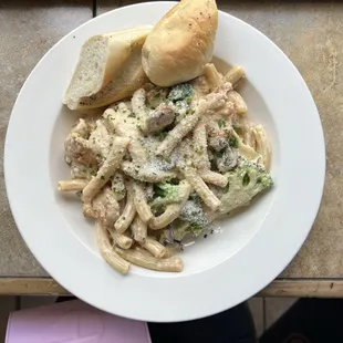 My go-to order: cajun alfredo with broccoli, fried chicken cutlet and mushrooms with ziti