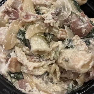 Saltimbocca: 'Chicken cutlet, prosciutto, caramelized onions, spinach, red grapes, marsala cream, fried sage'