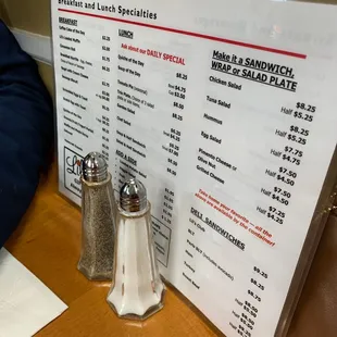 a menu and salt shakers