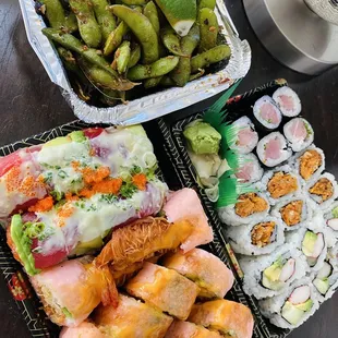 Chile Edamame, Yellowtail Roll, Sweet Potato Roll, California Roll, TNT Roll, Pink Lady Roll