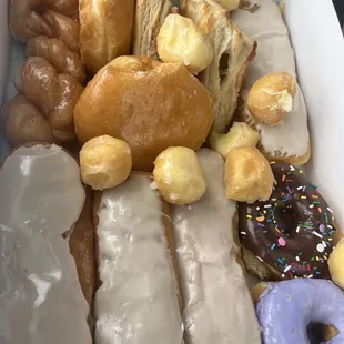 Vanilla maple bar, chocolate with sprinkles, etc