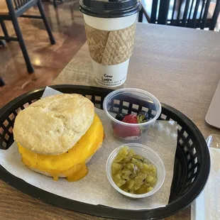 Breakfast biscuit sandwich &amp; coconut latte