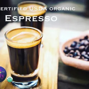 Professionally pulled, USDA organic espresso shots. Sumatra-Columbia blend, medium roast.
