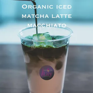 Organic iced matcha latte macchiato