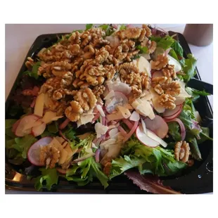 Mixed greens with radish, pickled onions, walnuts, goat cheese and honey lavender vinaigrette