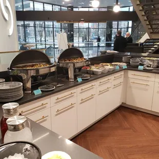 Corporate luncheon. Grilled veggies, avocado and tomato stuffed chicken, salad bar, crab asparagus bisque, and curry lentil soup.