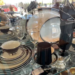 78-piece beautiful Gemini Black &amp; Silver fine china, Japan, circa 1970. $595