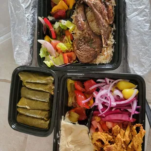 Shawarma plate with grilled veggies and hummus. Lamb chops plate with grilled veggies and house salad. Grape leaves.