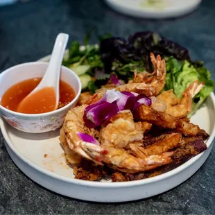 Fried Prawns and Sweet Potatoes (Banh Tom Co Ngu), Mcginnis Ranch Butter Lettuce, Pickled Daikon and Carrots, Nuoc Cham Sauce