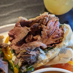 Roast beef from the roast beef pho dip sandwich