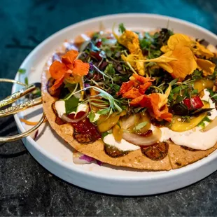 Jackfruit "Pizza" (Banh Trang Nuong Mit) - Banana Rice Paper, Vietnamese Herbs Pesto, Sambal, Shallot Aioli, Cucumbers, Pickles