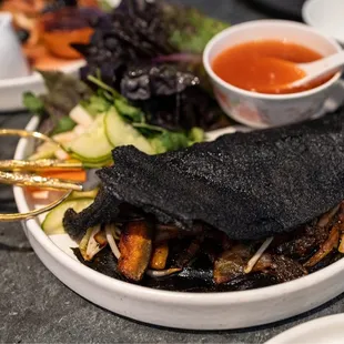 Périgord Black Truffle Crepe (Banh Xeo Nam), Butternut Squash, Royal Trumpet Mushrooms, Garlic Chives, Lettuce, Nuoc Cham