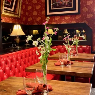 red leather booths and tables