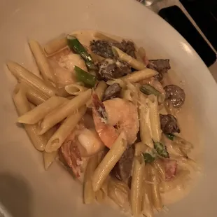 Penne with shrimp steak and sausage- white cream sauce