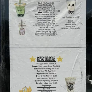 Boba drinks menu