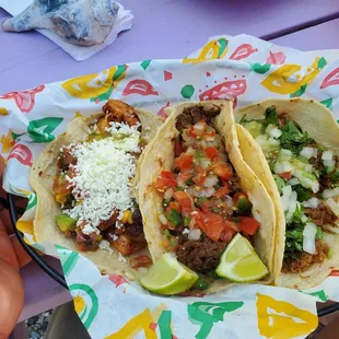 Tacos- shrimp, barbacoa, and carnitas