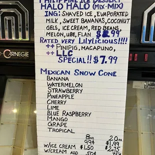 Halo-Halo and snow cone menu