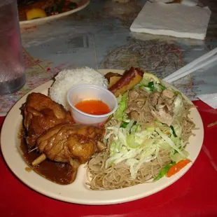 Chicken Adobo, Pancit, Lumpia and White Rice