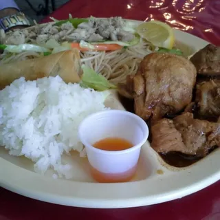 Sampler Mix-Chicken and Pork Adobo with Pancit, Egg Roll, and Rice