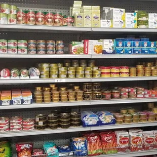shelves of various foods and drinks