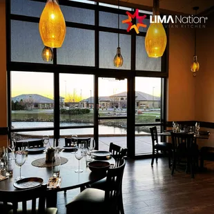 a dining room with a view