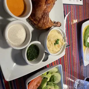 The 1/4 roasted chicken with mashed potatoes and their salad.