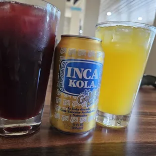 Purple corn and cinnamon drink. Peruvian Cola and Passion fruit drink.