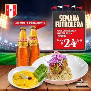 a plate of food and two bottles of beer