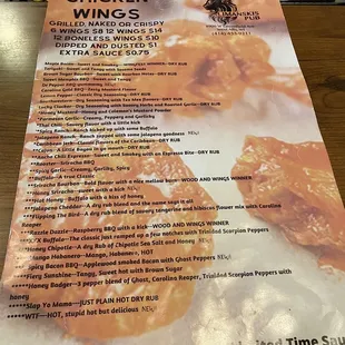 a menu for chicken wings