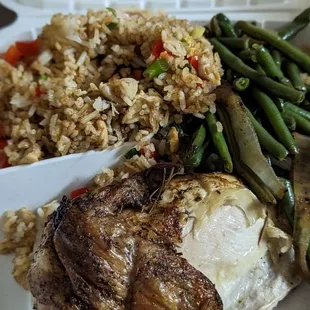 1/4 rotisserie chicken with green beans and fried rice