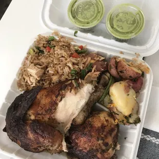 Chicken &amp; sides plus green sauce! It's the best!