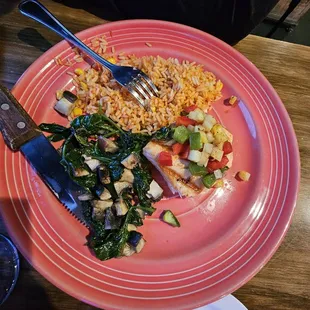 Salmon with Spanish rice and spinach with mushrooms