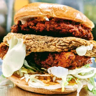 Double Patty Cayenne Chicken  with a fried cheese patty Who is up for this??