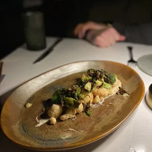 FRIED CAULIFLOWER brussels sprouts. smoked cauliflower, lemon puree.  a little bland, the brussel sprouts was good