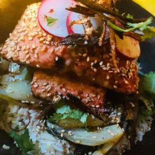 Sock-eyed salmon served over rice and bock choy is an example of a special featured item.