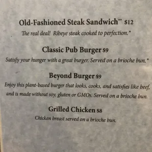 Base menu features burgers, steak sandwiches, etc. Specials range from fresh salmon to braised short ribs.