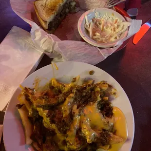 The Rancher with coleslaw and chili cheese fries