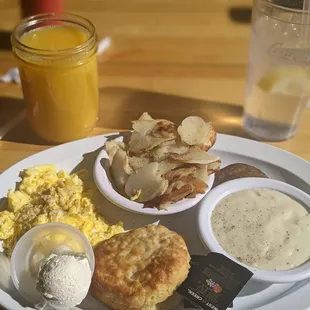 Breakfast was good I enjoyed the biscuits and gravy the most ,eggs are great, potatoes, little sausage.