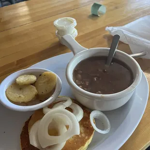 Beans soup fried potatoes