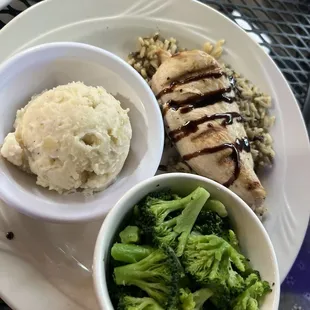 Grilled Chicken with Wild Rice, Mashed Potatoes, and Broccoli